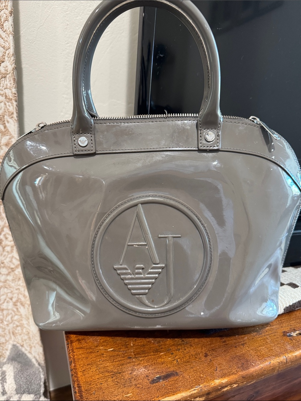 Armani Jeans Gray Patent Dome Satchel with Embossed AJ Logo